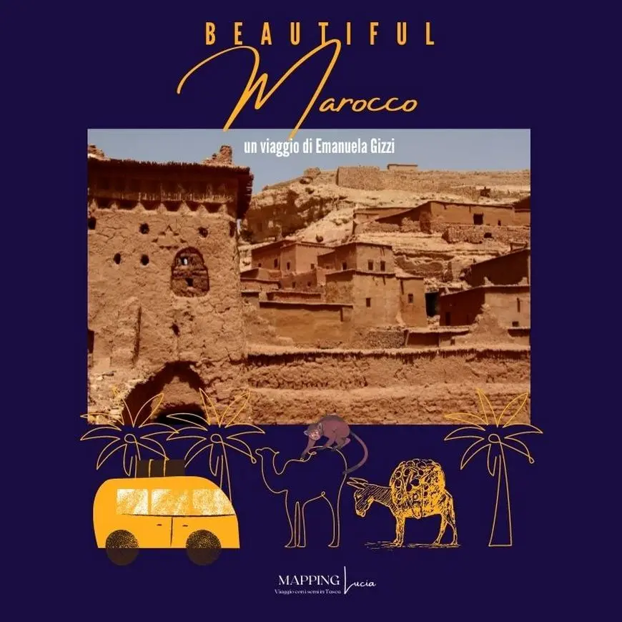 copertina-del-libro-beautiful-marocco-con-una-immagine-di-ait-ben-addou-e-alcuni-disegni-di-cammelli-palme-furgoncino-on-the-road