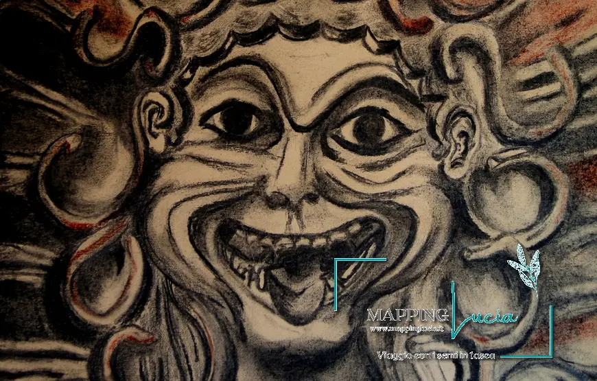 La-maschera-etrusca-dettaglio-viso-medusa-disegno-carboncino-citazione-italo-calvino-disegno-e-foto-di-emanuela-gizzi-mapping-lucia