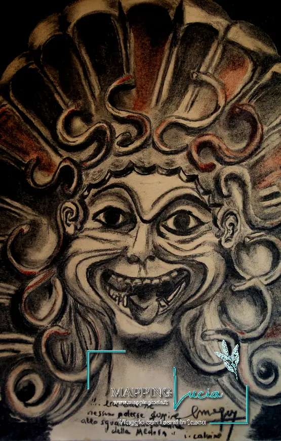 La-maschera-etrusca-medusa-disegno-carboncino-citazione-italo-calvino-disegno-e-foto-di-emanuela-gizzi-mapping-lucia