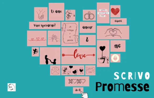 copertina-del-servizio-di-scrittura-che-riguarda-le-promesse-nuziali-e-le-dichiarazioni-d-amore-un-cuore-gigante-spezzettato-in-tanti-quadrette-su-cui-compaiono-cuori-la-parola-love-amore-delle-figure-in-silhouettes-che-evocano-gli-innamorati-il-titolo-è-scrivo-promesse